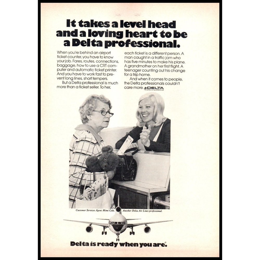 1974 Delta Airlines Vintage Print Ad Counter Agent Lady Teddy Bear Wall Art